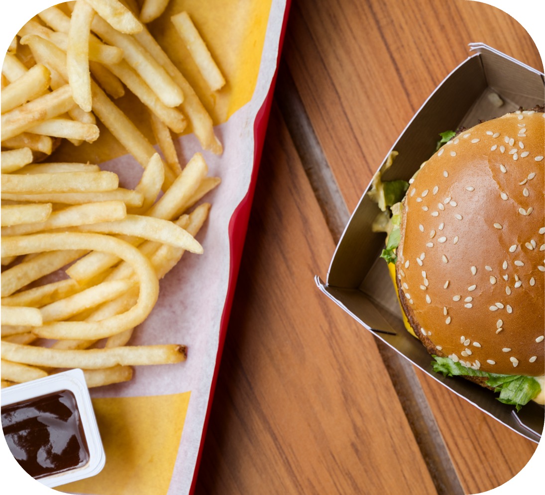 French Fries and hamburger on a tray 