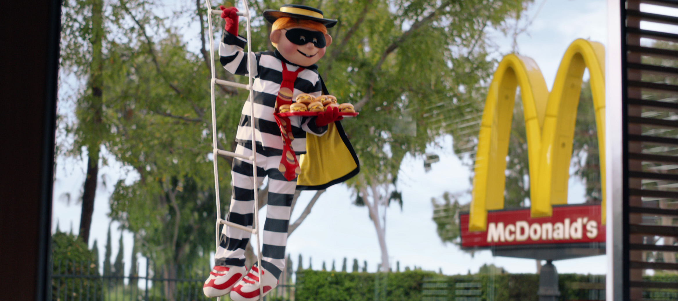 Hamburglar climbing on a ladder