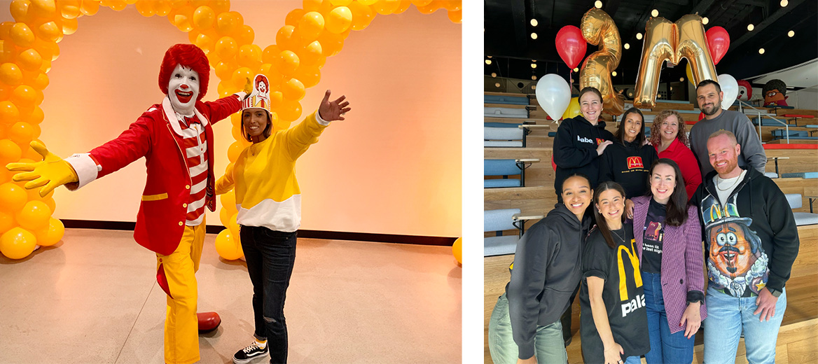 Maricruz posing with Ronald McDonald and with the Corporate Story Lab team 