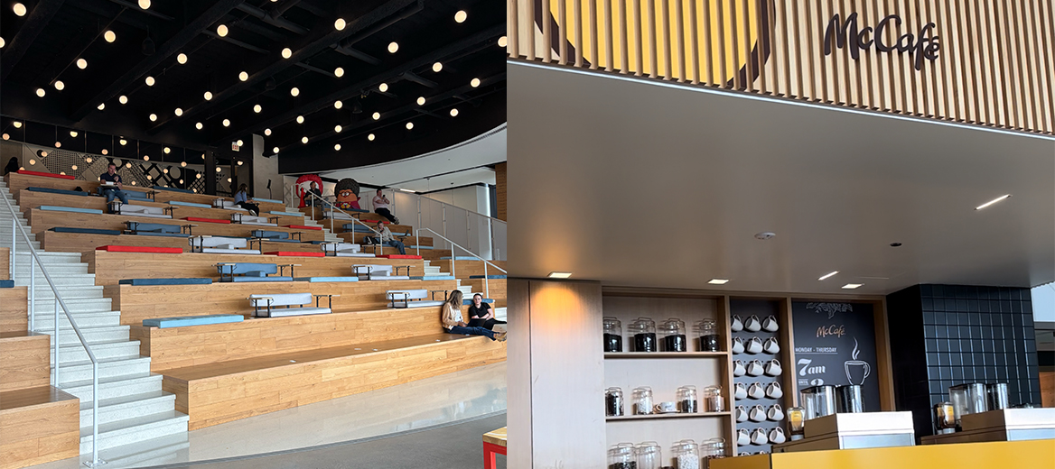 An image of employees having a conversation in McDonald’s Headquarters’ Work Café amphitheater and the McCafé coffee station where baristas make and serve McDonald’s beverages