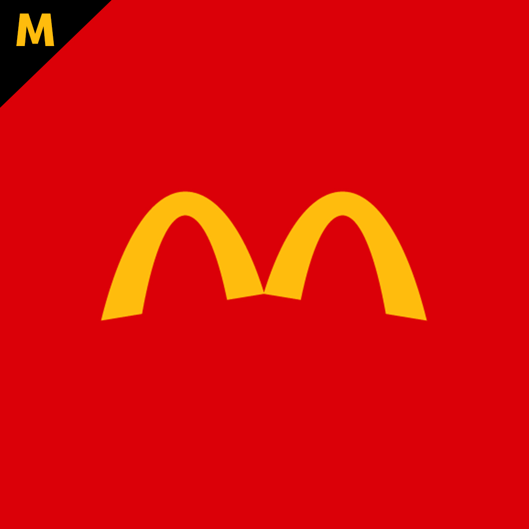 McDonald's logo in gold with red background. The letter "M" in the top left corner. 
