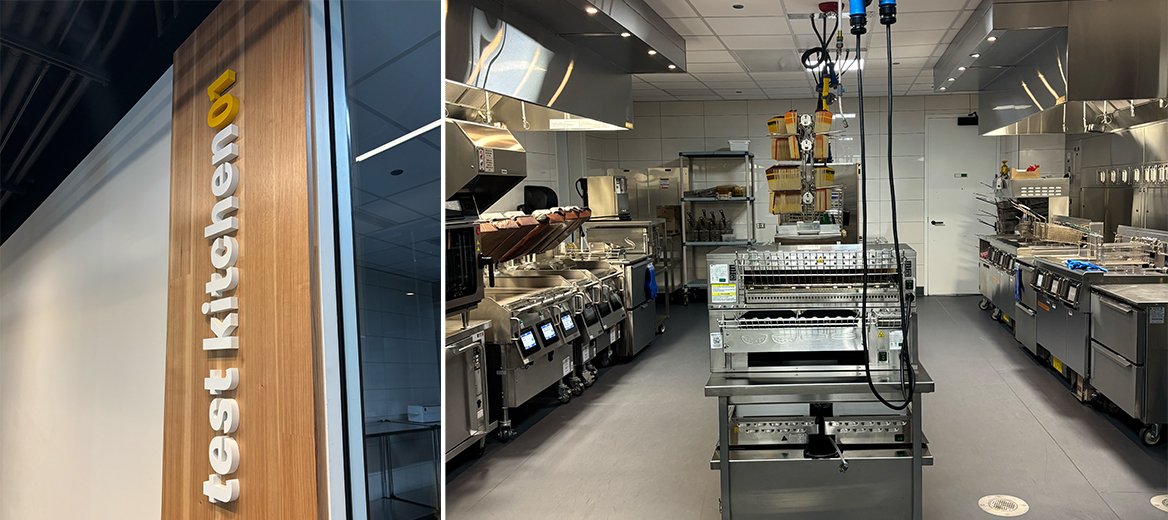 McDonald’s Headquarters Test Kitchen sign and interior, with fryers, grills and prep stations