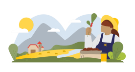 Illustration of a farmer holding a coffee plant in front of a field with cows