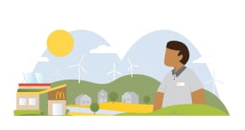 Illustration of a man in a McDonald's shirt in front of a landscape of rolling hills with wind turbines perched on top.